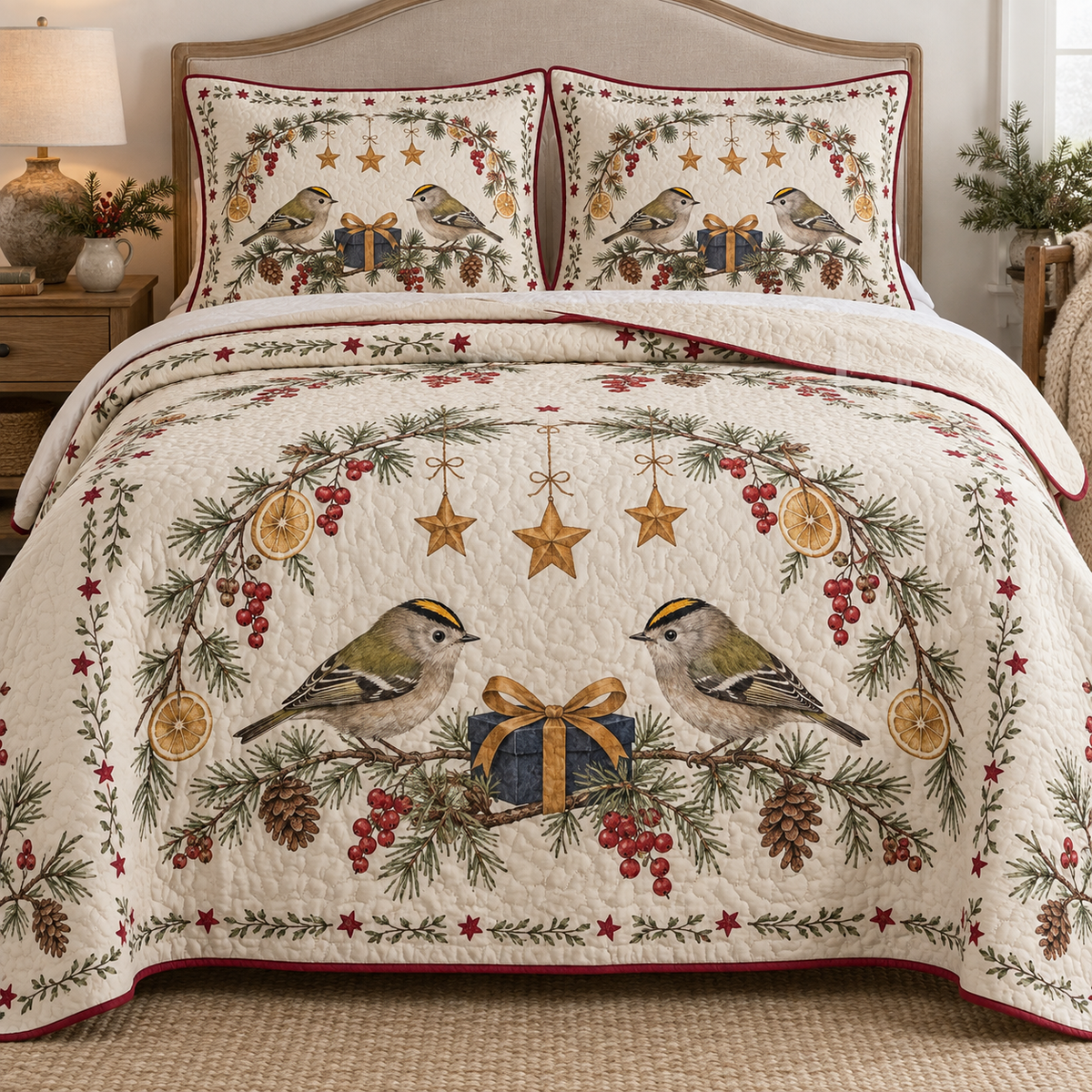 One ivory quilt and two shams with goldcrest pair, navy gift, dried lemon fir redcurrant arch and ochre stars, cranberry binding cream reverse