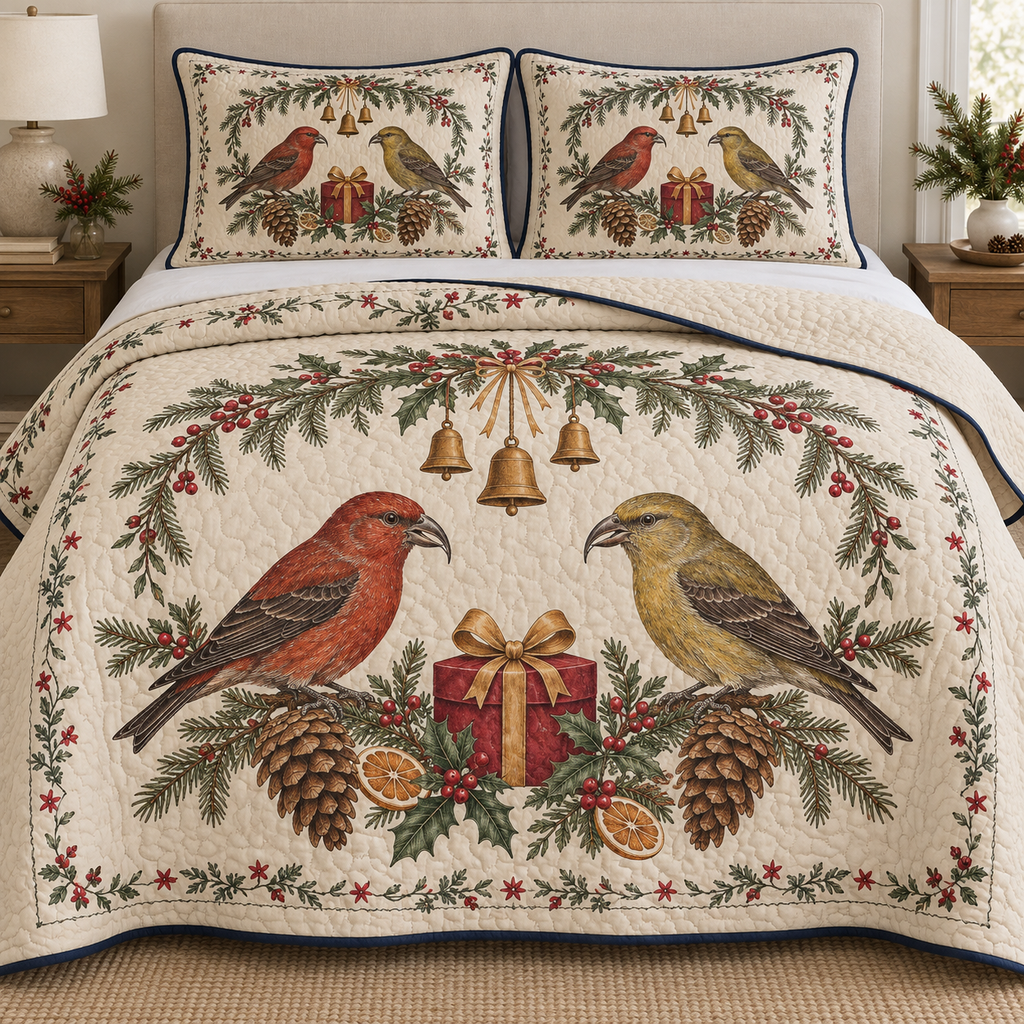One ivory quilt and two shams with red crossbill male female pair, cranberry gift, orange spruce holly arch and ochre bells, navy binding cream reverse