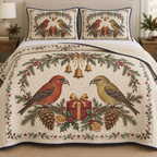 One ivory quilt and two shams with red crossbill male female pair, cranberry gift, orange spruce holly arch and ochre bells, navy binding cream reverse