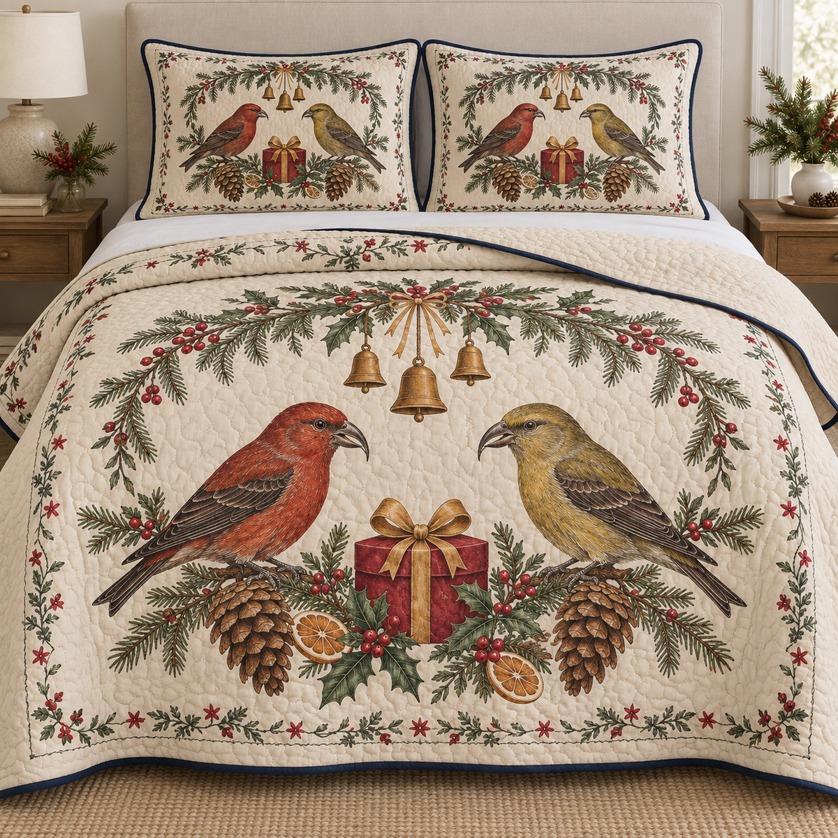 One ivory quilt and two shams with red crossbill male female pair, cranberry gift, orange spruce holly arch and ochre bells, navy binding cream reverse