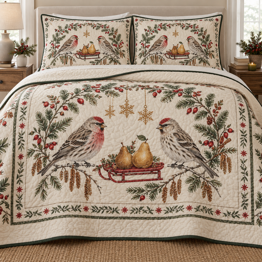 One ivory quilt and two shams with common redpoll pair, pear sled, fir rosehip cinnamon arch and ochre snowflake stars, green binding cream reverse