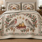 One ivory quilt and two shams with common redpoll pair, pear sled, fir rosehip cinnamon arch and ochre snowflake stars, green binding cream reverse