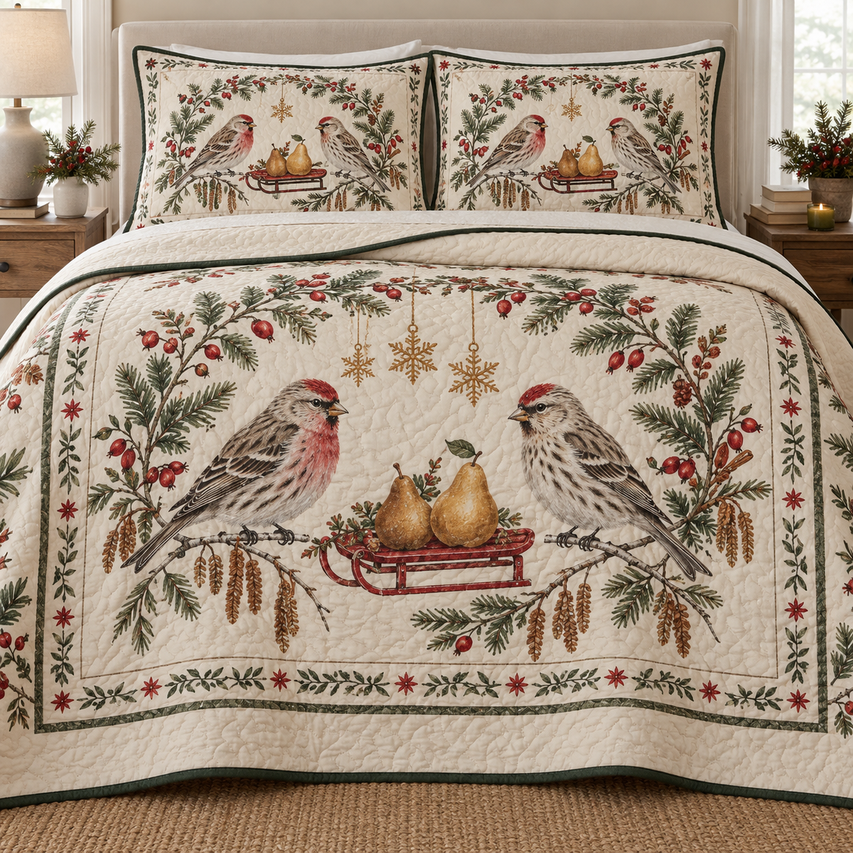 One ivory quilt and two shams with common redpoll pair, pear sled, fir rosehip cinnamon arch and ochre snowflake stars, green binding cream reverse