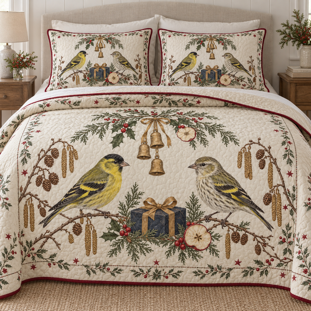 One ivory quilt and two shams with Eurasian siskin male female pair, navy gift, apple slices cedar holly arch and ochre bells, cranberry binding cream reverse