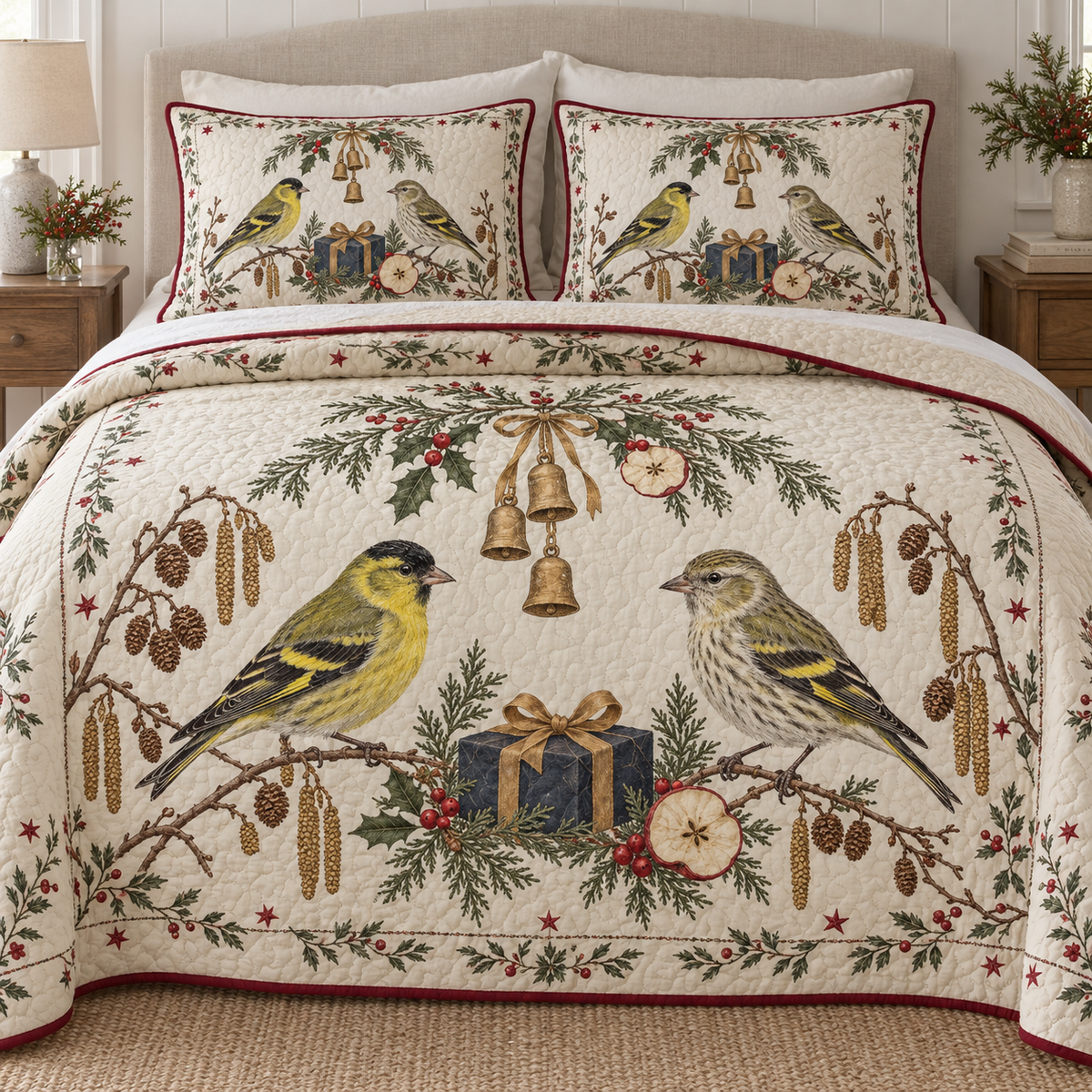 One ivory quilt and two shams with Eurasian siskin male female pair, navy gift, apple slices cedar holly arch and ochre bells, cranberry binding cream reverse