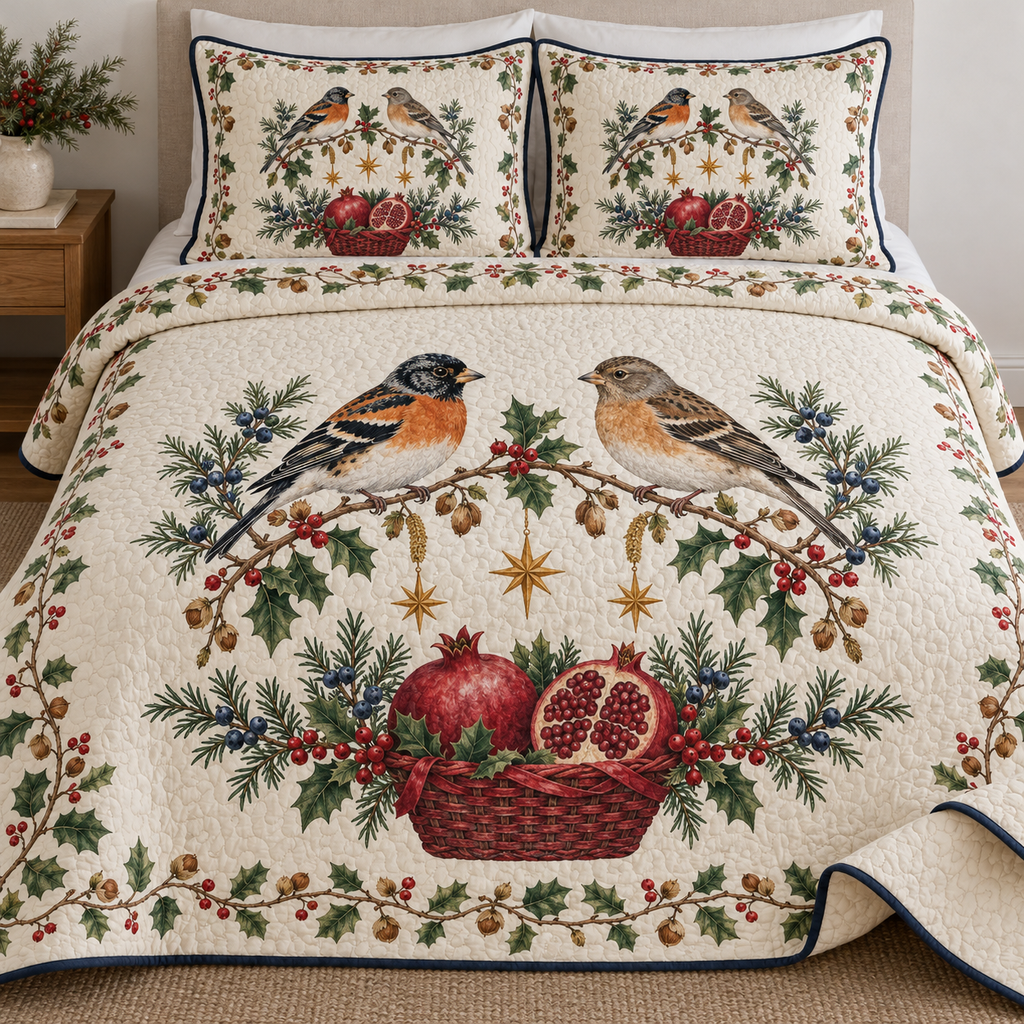 One ivory quilt and two matching shams with paired bramblings pomegranate basket hazel juniper holly and ochre stars, navy binding and visible meandering quilting