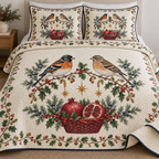 One ivory quilt and two matching shams with paired bramblings pomegranate basket hazel juniper holly and ochre stars, navy binding and visible meandering quilting
