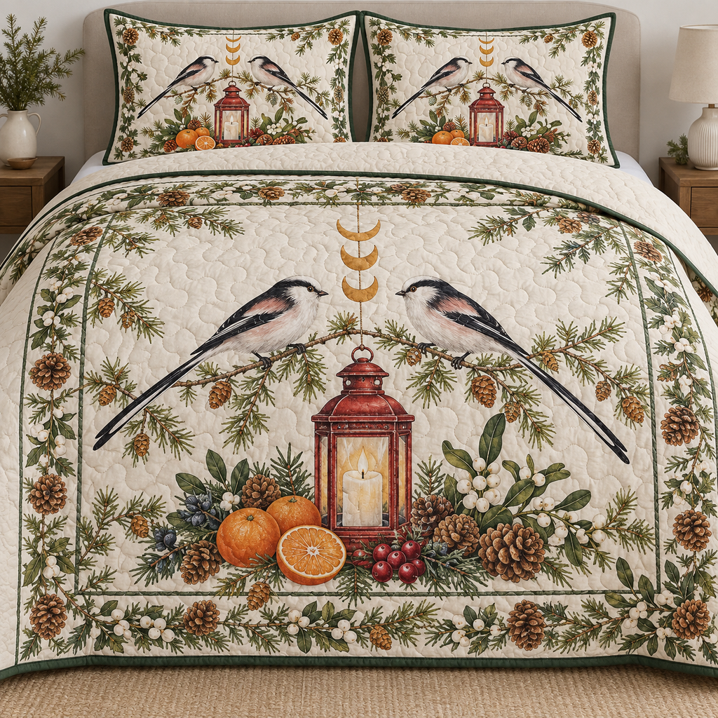 One ivory quilt and two matching shams with paired long-tailed tits tangerine lantern larch juniper mistletoe ochre moons forest green binding and sewn meandering quilting