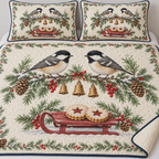 One ivory quilt and two matching shams with paired coal tits cranberry cookie sled spruce rosemary redcurrants ochre bells navy binding and sewn meandering quilting