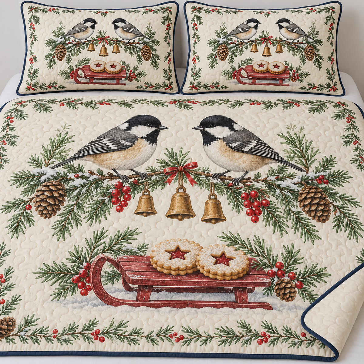 One ivory quilt and two matching shams with paired coal tits cranberry cookie sled spruce rosemary redcurrants ochre bells navy binding and sewn meandering quilting