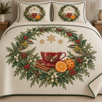 One ivory quilt and two matching shams with paired firecrests cedar wreath cranberry tea cup clove orange cinnamon holly mistletoe ochre snowflakes green binding and sewn meandering quilting