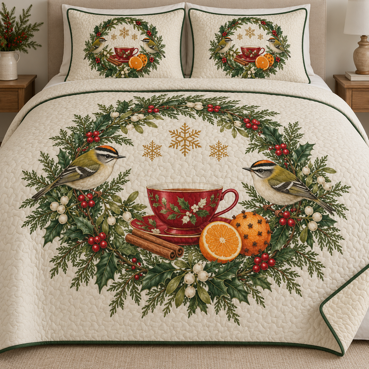 One ivory quilt and two matching shams with paired firecrests cedar wreath cranberry tea cup clove orange cinnamon holly mistletoe ochre snowflakes green binding and sewn meandering quilting