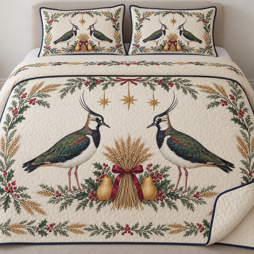 One ivory quilt and two matching shams with paired northern lapwings wheat bundle golden pears cedar holly ochre stars navy binding and sewn meandering quilting