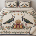 One ivory quilt and two matching shams with paired northern lapwings wheat bundle golden pears cedar holly ochre stars navy binding and sewn meandering quilting