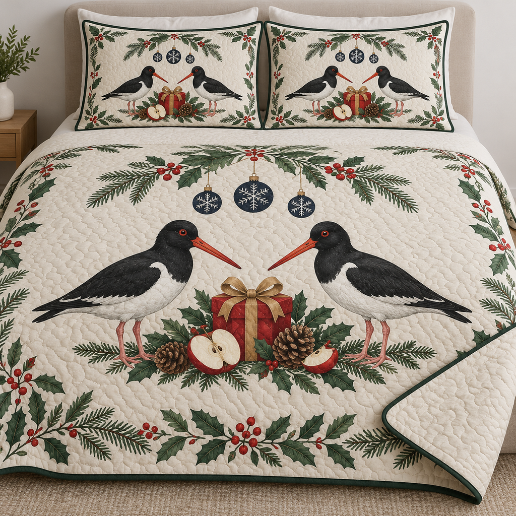 One ivory quilt and two matching shams with paired Eurasian oystercatchers cranberry apple gift fir holly bay navy snowflake baubles green binding and sewn meandering quilting