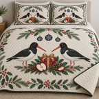 One ivory quilt and two matching shams with paired Eurasian oystercatchers cranberry apple gift fir holly bay navy snowflake baubles green binding and sewn meandering quilting