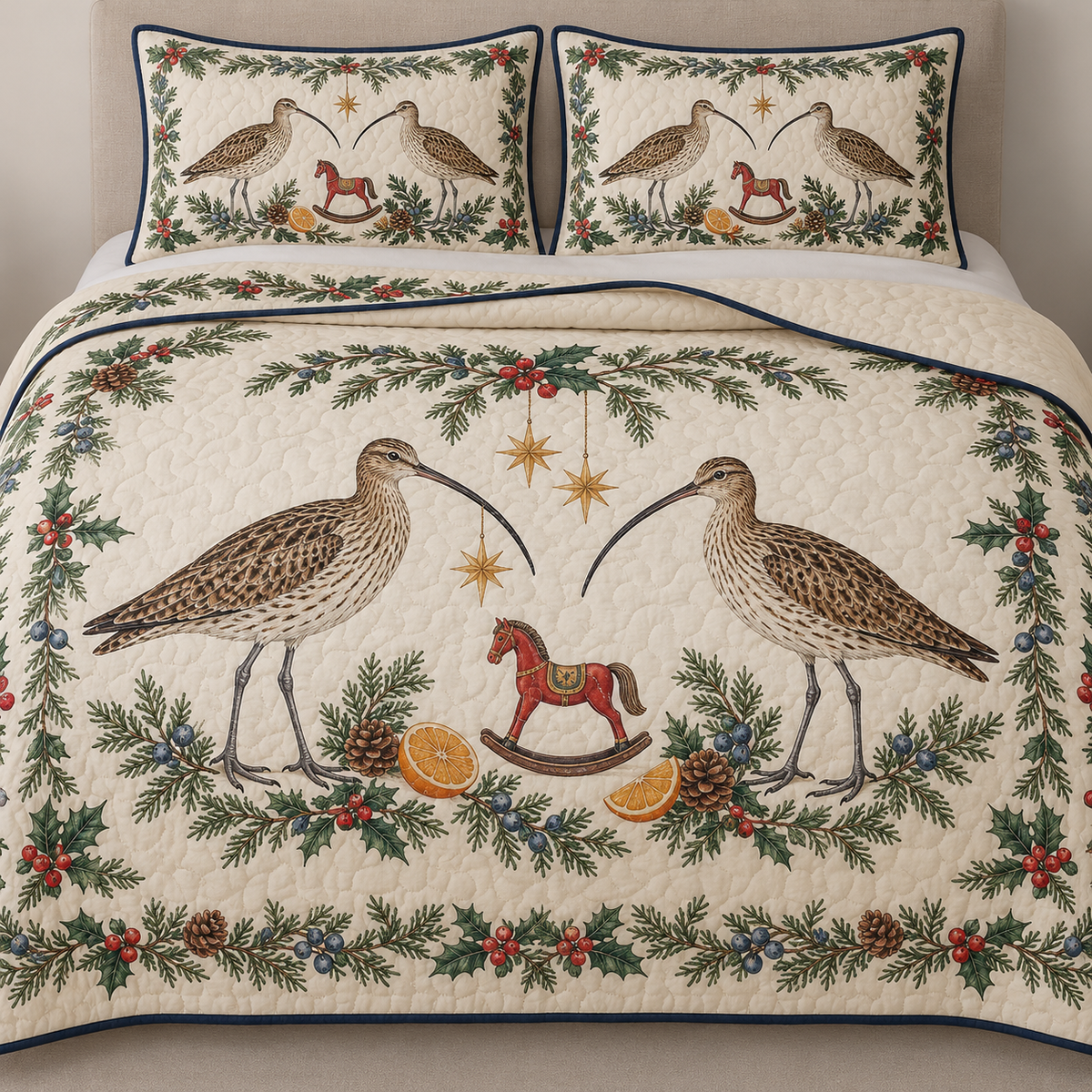 One ivory quilt and two matching shams with paired Eurasian curlews cranberry rocking horse orange slices cedar juniper holly ochre stars navy binding sewn meandering quilting
