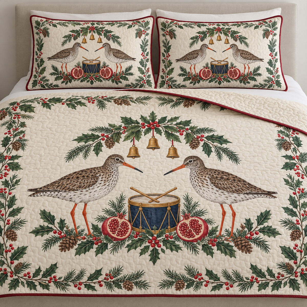 One ivory quilt and two matching shams with paired common redshanks navy toy drum pomegranate halves spruce bay holly ochre bells cranberry binding sewn meandering quilting