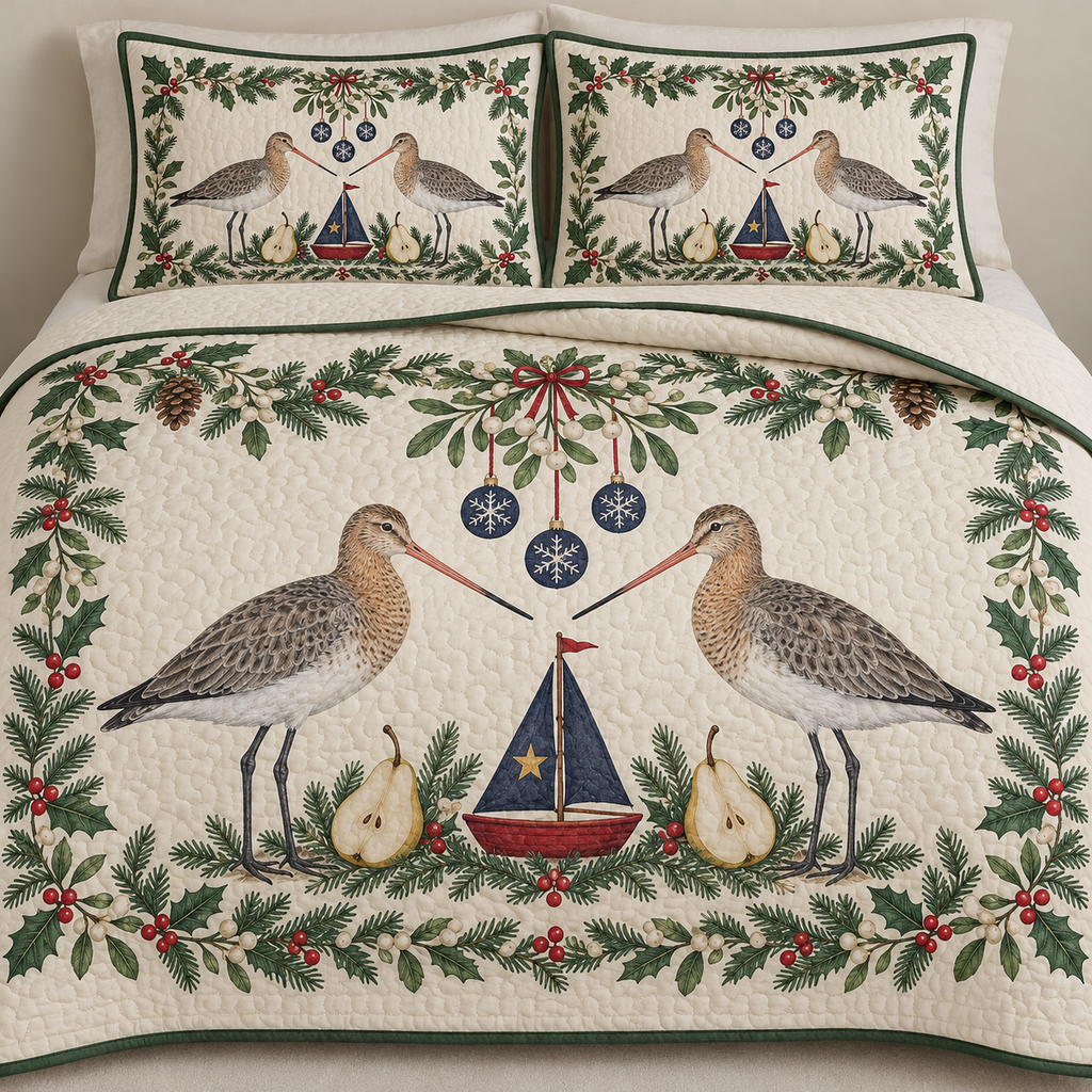 One ivory quilt and two matching shams with paired black-tailed godwits cranberry toy sailboat navy sail pear halves fir mistletoe holly snowflake baubles green binding sewn quilting