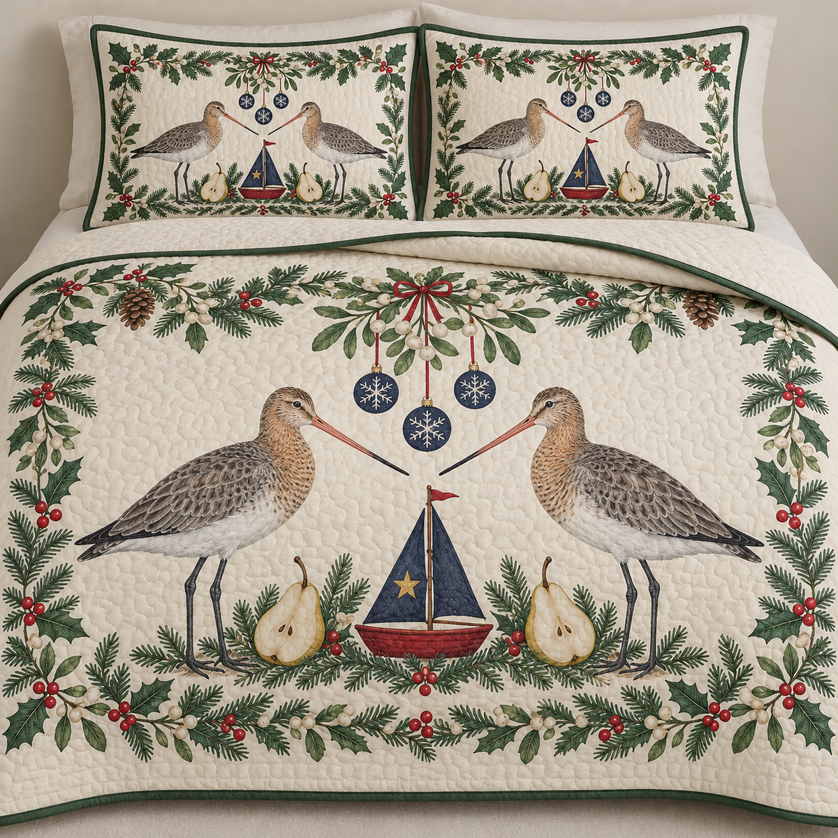 One ivory quilt and two matching shams with paired black-tailed godwits cranberry toy sailboat navy sail pear halves fir mistletoe holly snowflake baubles green binding sewn quilting
