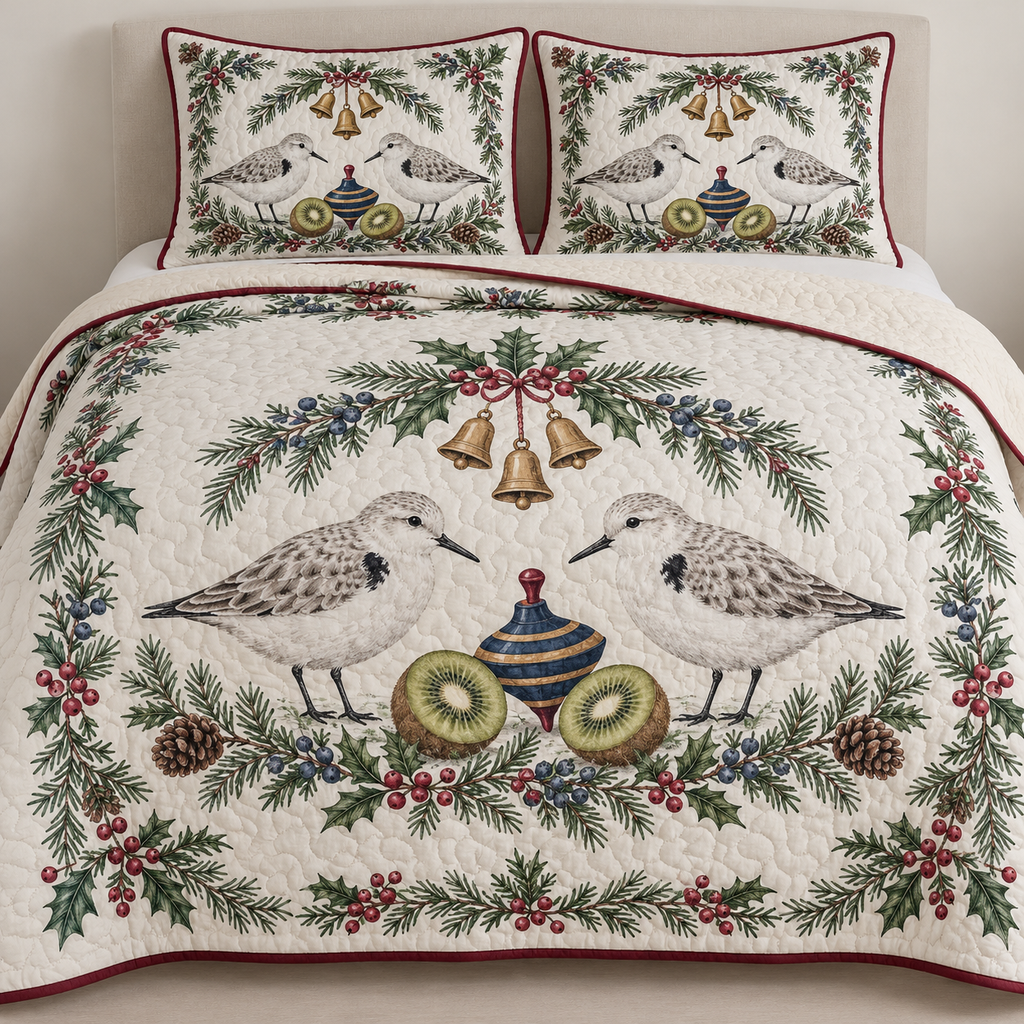 One ivory quilt and two matching shams with paired sanderlings navy toy spinning top kiwi halves fir juniper holly ochre bells cranberry binding sewn quilting