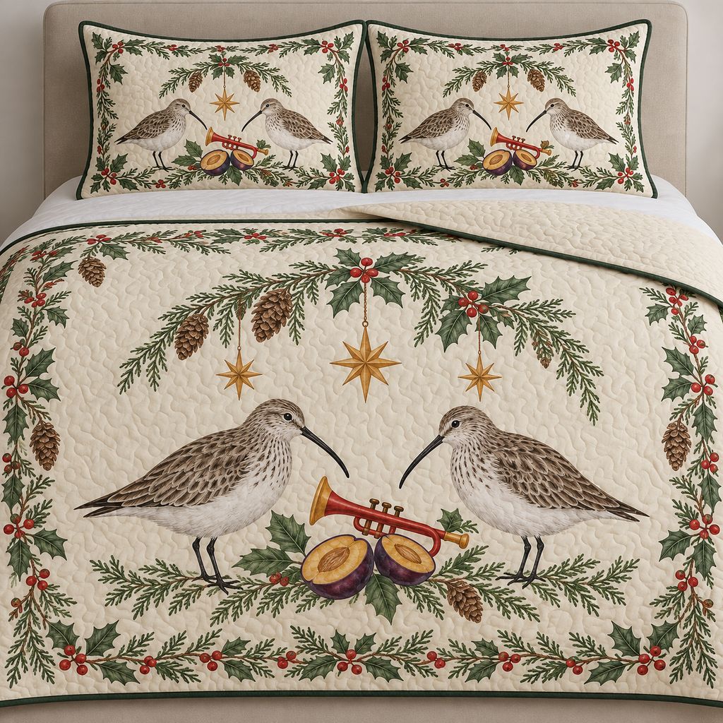 One ivory quilt and two matching shams with paired winter dunlins cranberry toy trumpet plum halves cedar bay holly ochre stars green binding sewn quilting