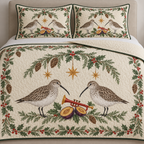 One ivory quilt and two matching shams with paired winter dunlins cranberry toy trumpet plum halves cedar bay holly ochre stars green binding sewn quilting