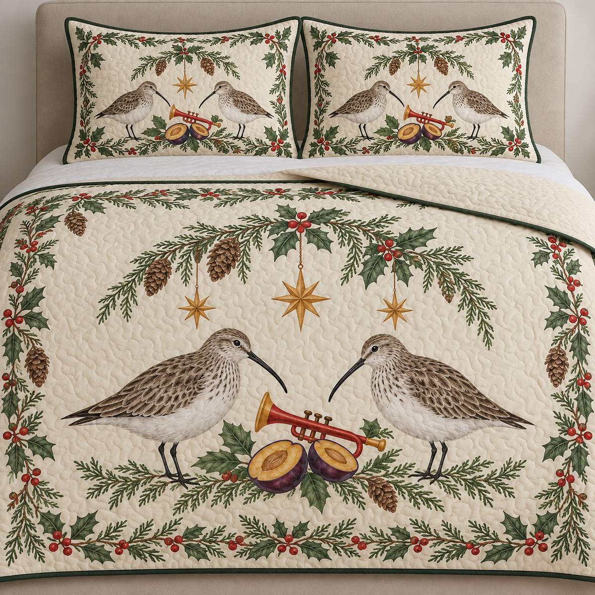 One ivory quilt and two matching shams with paired winter dunlins cranberry toy trumpet plum halves cedar bay holly ochre stars green binding sewn quilting