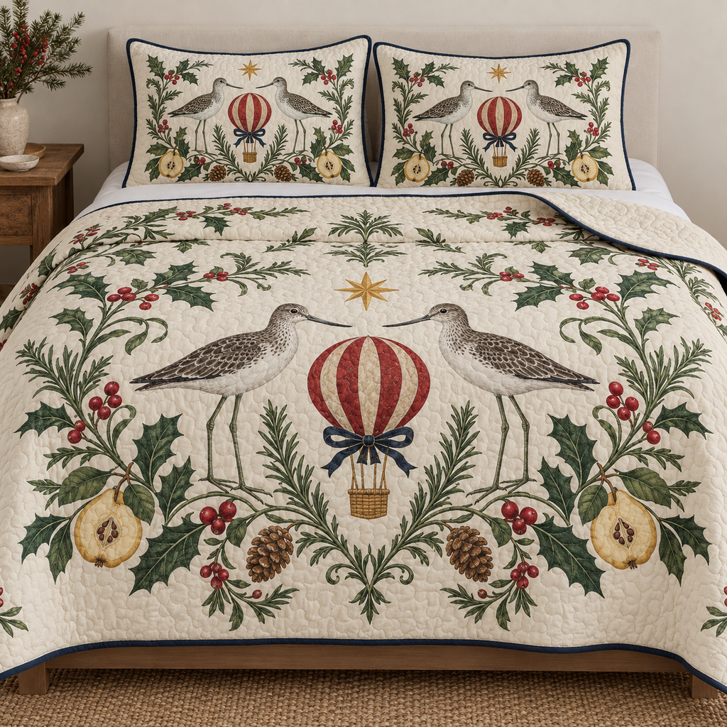 One ivory quilt and two matching pillow shams with paired greenshanks toy hot-air balloon quince halves holly rosemary cedar cones ochre stars navy binding and visible sewn quilting