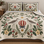 One ivory quilt and two matching pillow shams with paired greenshanks toy hot-air balloon quince halves holly rosemary cedar cones ochre stars navy binding and visible sewn quilting