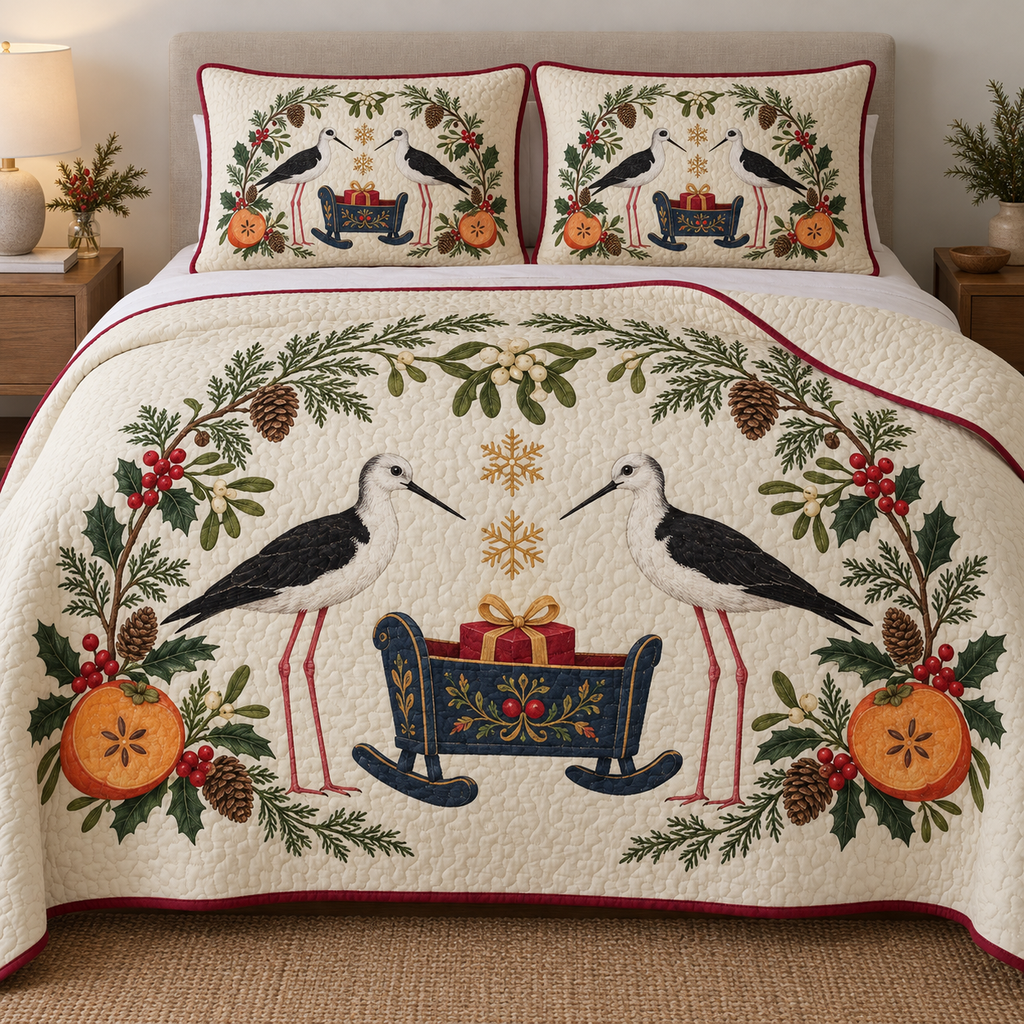 Two illustrated black-winged stilts frame a navy toy rocking cradle holding a cranberry gift, with persimmon halves, cedar cones, holly, mistletoe and ochre snowflakes on ivory. Flat printed artwork with cranberry binding. Includes one quilt and two matching pillow shams. Visible sewn quilting and soft fabric drape.