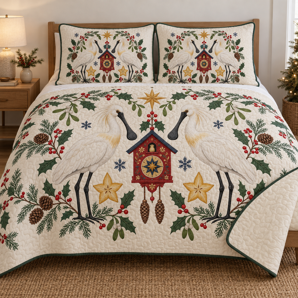 Two illustrated Eurasian spoonbills frame a cranberry toy cuckoo clock with navy roof, starfruit slices, cedar cones, holly, mistletoe and navy snowflakes on ivory. Flat printed artwork with forest green binding. Includes one quilt and two matching pillow shams. Visible sewn quilting and soft fabric drape.