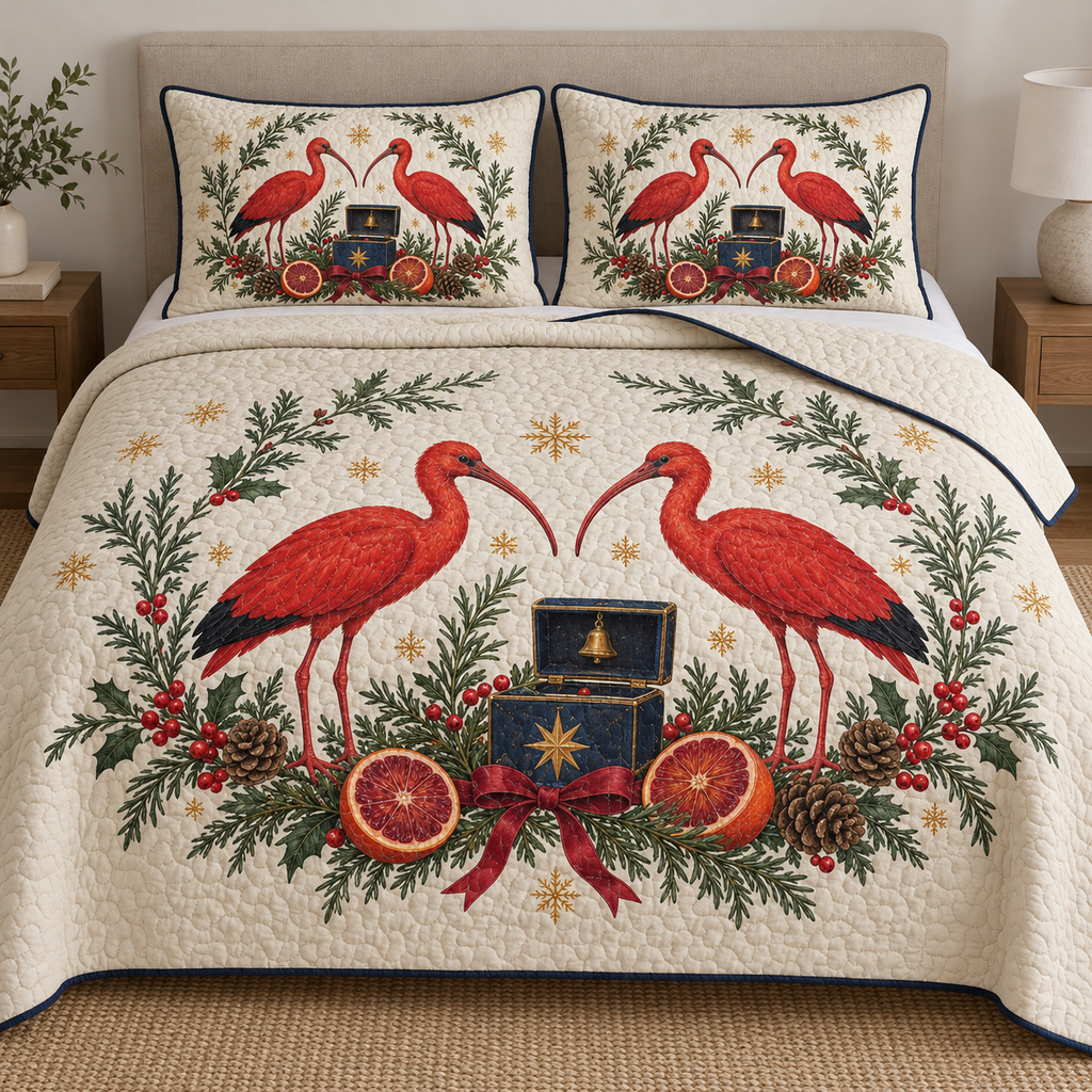 Two illustrated scarlet ibises frame a navy toy music box with ochre accents, blood orange halves, cedar cones, holly, rosemary and ochre snowflakes on ivory. Flat printed Christmas artwork with navy binding. Includes one quilt and two matching pillow shams. Visible sewn quilting and fabric drape.