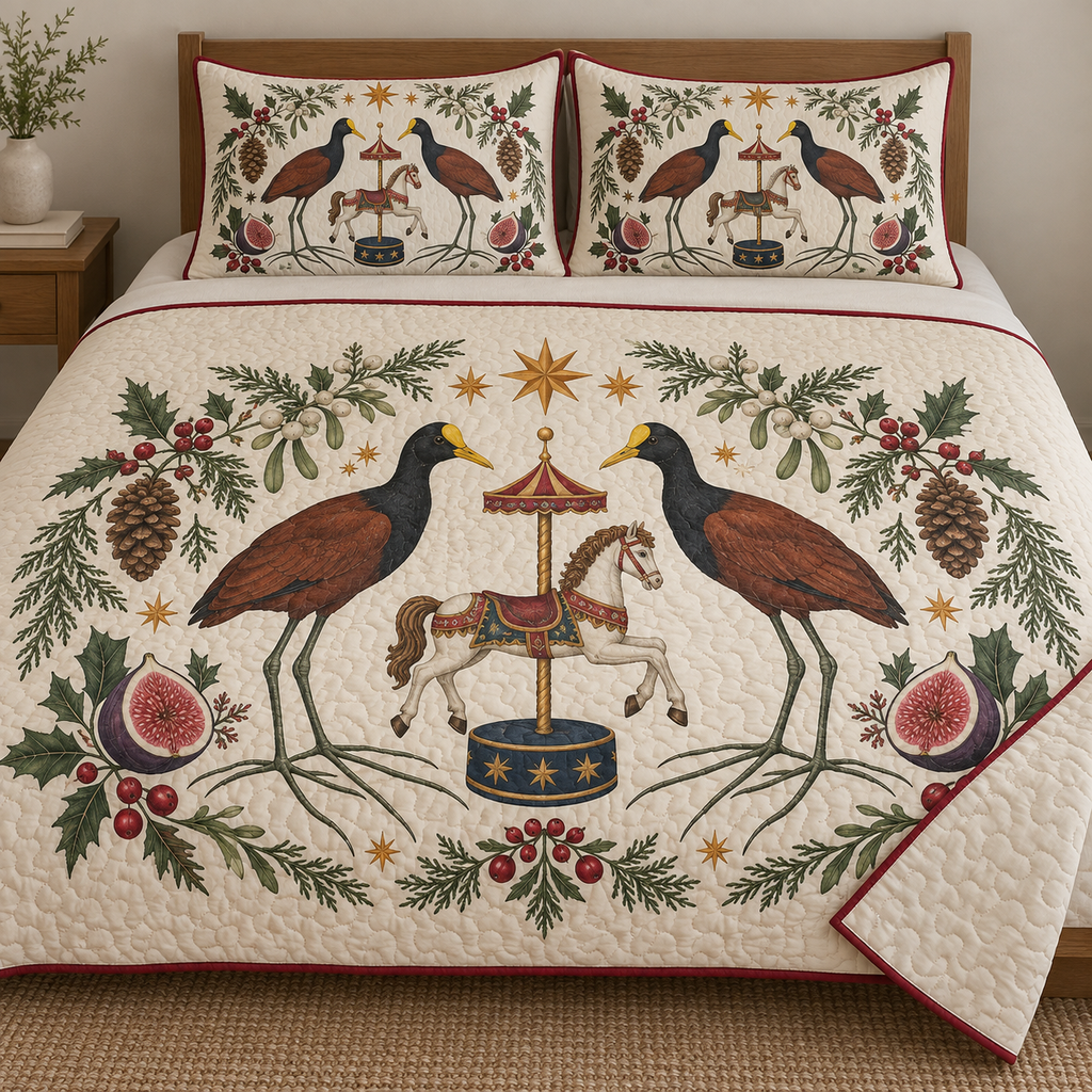 Two illustrated northern jacanas frame a cream toy carousel horse with cranberry saddle on a navy pedestal, with fig halves, cedar cones, holly, mistletoe and ochre stars on ivory. Flat printed Christmas artwork with cranberry binding. Includes one quilt and two matching pillow shams. Visible sewn quilting and fabric drape.