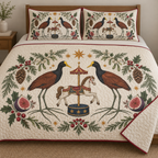 Two illustrated northern jacanas frame a cream toy carousel horse with cranberry saddle on a navy pedestal, with fig halves, cedar cones, holly, mistletoe and ochre stars on ivory. Flat printed Christmas artwork with cranberry binding. Includes one quilt and two matching pillow shams. Visible sewn quilting and fabric drape.