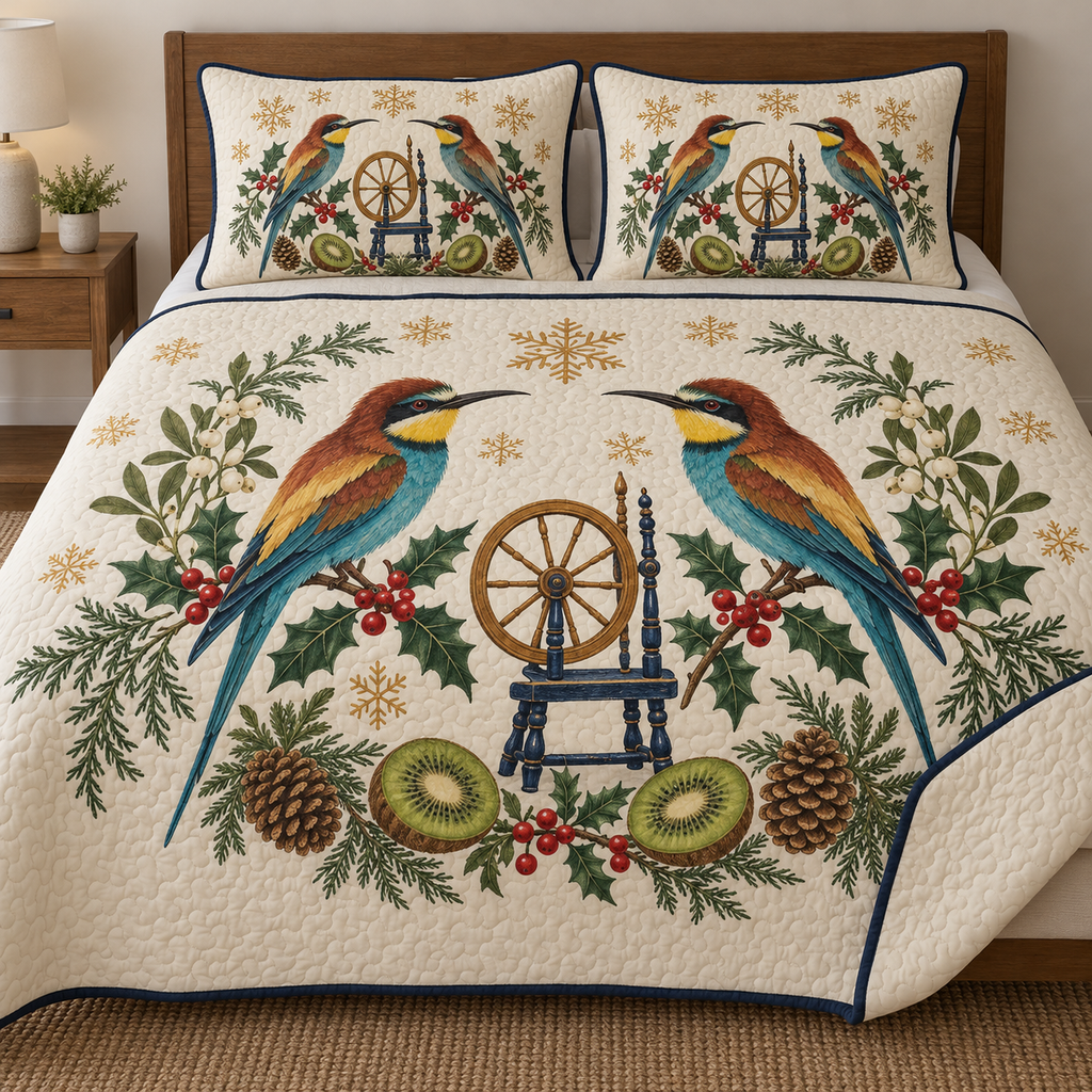 Two illustrated European bee-eaters frame a toy spinning wheel with ochre accents and navy base, with kiwi halves, cedar cones, holly, mistletoe and ochre snowflakes on ivory. Flat printed Christmas artwork with navy binding. Includes one quilt and two matching pillow shams. Visible sewn quilting and fabric drape.