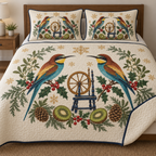 Two illustrated European bee-eaters frame a toy spinning wheel with ochre accents and navy base, with kiwi halves, cedar cones, holly, mistletoe and ochre snowflakes on ivory. Flat printed Christmas artwork with navy binding. Includes one quilt and two matching pillow shams. Visible sewn quilting and fabric drape.