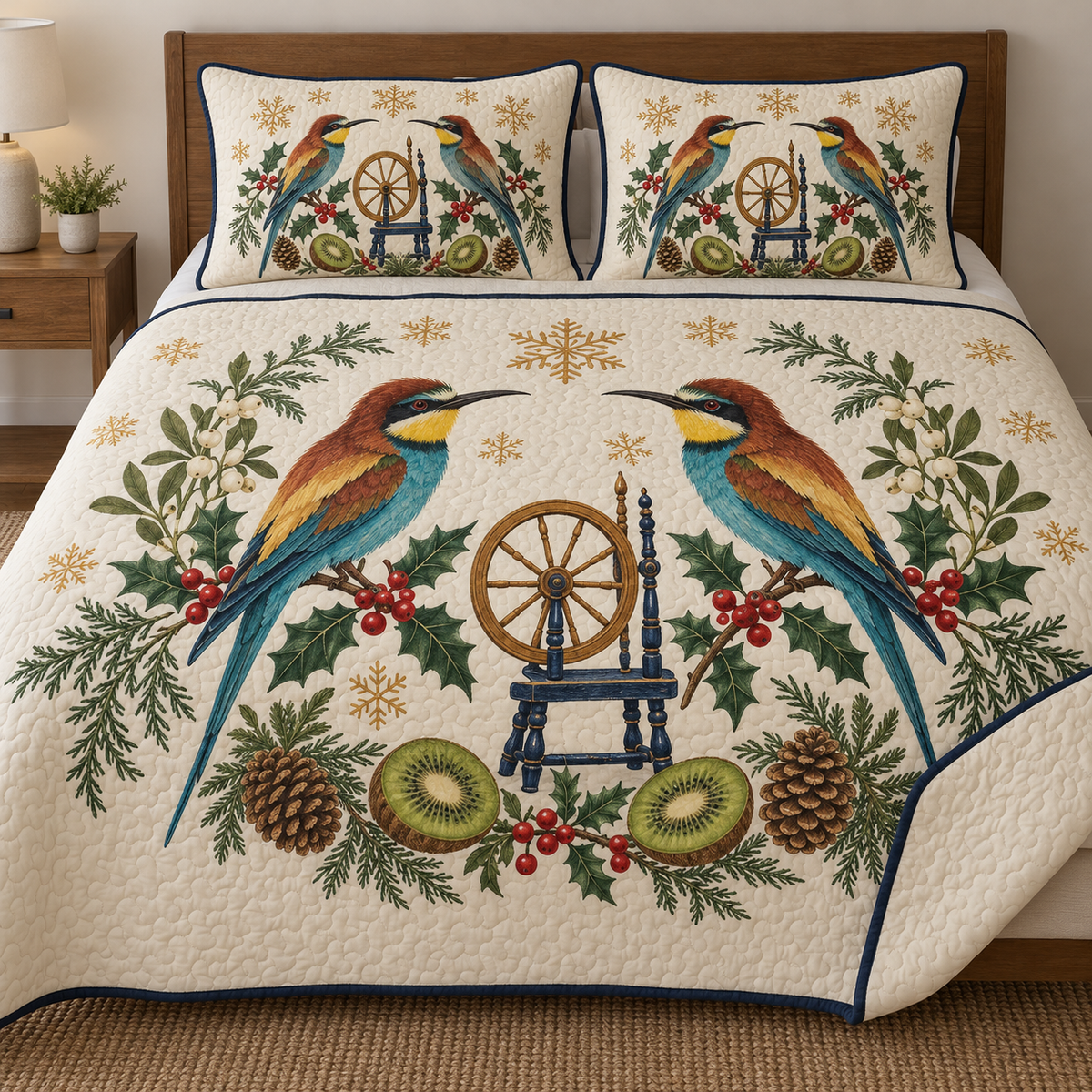 Two illustrated European bee-eaters frame a toy spinning wheel with ochre accents and navy base, with kiwi halves, cedar cones, holly, mistletoe and ochre snowflakes on ivory. Flat printed Christmas artwork with navy binding. Includes one quilt and two matching pillow shams. Visible sewn quilting and fabric drape.