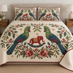 Two illustrated green turacos frame a cranberry toy rocking elephant with navy rockers and ochre saddle, with pomegranate halves, cedar cones, holly, mistletoe and ochre stars on ivory. Flat printed Christmas artwork with cranberry binding. Includes one quilt and two matching pillow shams. Visible sewn quilting and fabric drape.
