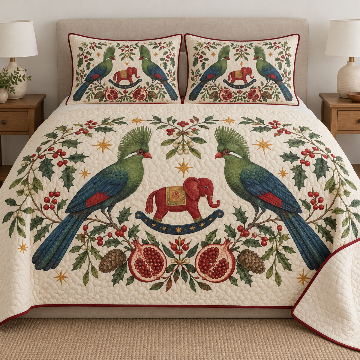 Two illustrated green turacos frame a cranberry toy rocking elephant with navy rockers and ochre saddle, with pomegranate halves, cedar cones, holly, mistletoe and ochre stars on ivory. Flat printed Christmas artwork with cranberry binding. Includes one quilt and two matching pillow shams. Visible sewn quilting and fabric drape.