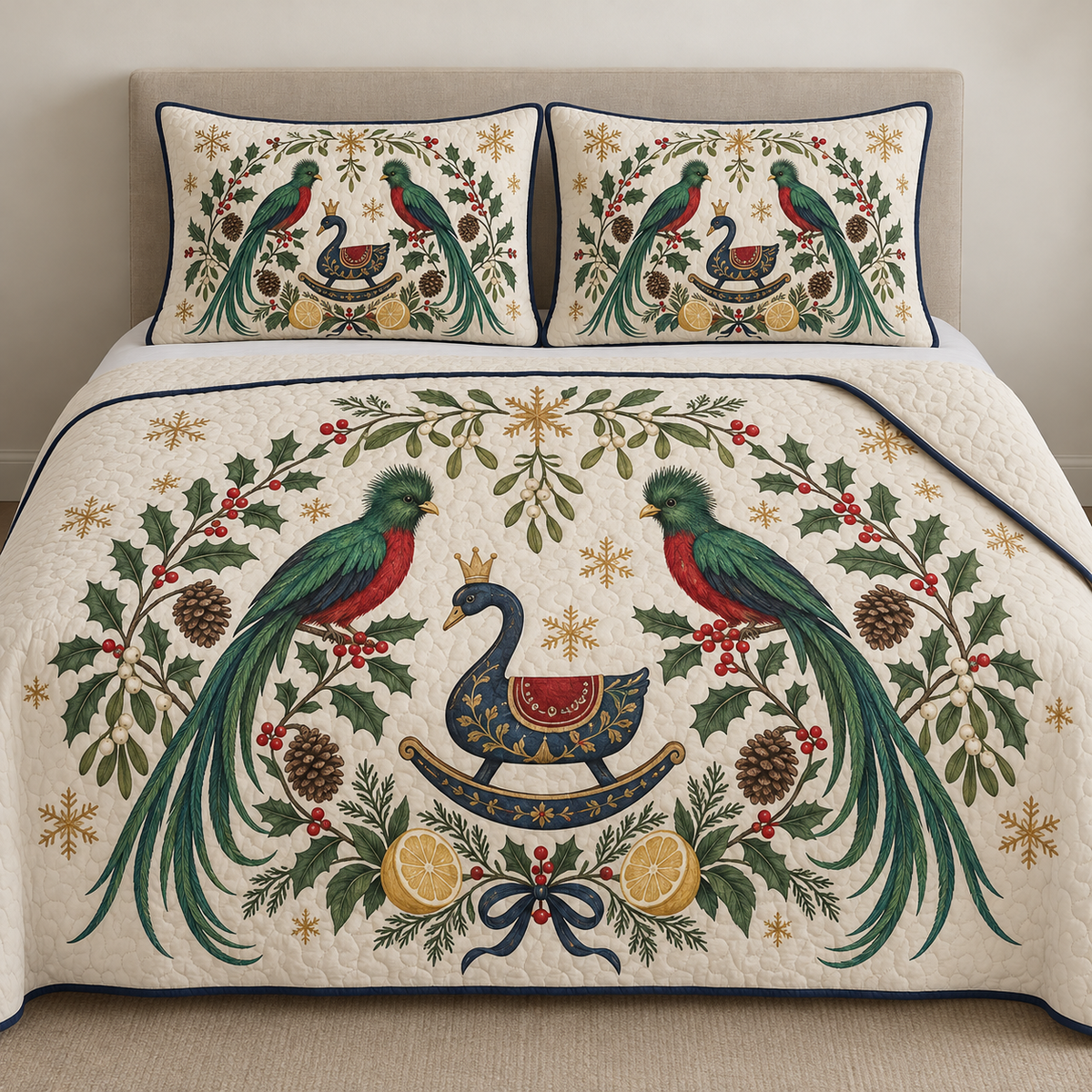 Two illustrated resplendent quetzals frame a navy toy rocking swan with ochre crown and cranberry saddle, with lemon halves, cedar cones, holly, mistletoe and ochre snowflakes on ivory. Flat printed Christmas artwork with navy binding. Includes one quilt and two matching pillow shams. Visible sewn quilting and fabric drape.