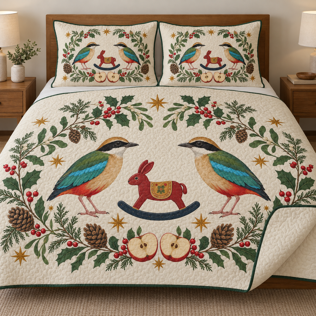 Two illustrated Indian pittas frame a cranberry toy rocking rabbit with navy rocker and ochre saddle, with apple halves, cedar cones, holly, mistletoe and ochre stars on ivory. Flat printed Christmas artwork with forest green binding. Includes one quilt and two matching pillow shams. Visible sewn quilting and fabric drape.