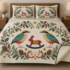 Two illustrated Indian pittas frame a cranberry toy rocking rabbit with navy rocker and ochre saddle, with apple halves, cedar cones, holly, mistletoe and ochre stars on ivory. Flat printed Christmas artwork with forest green binding. Includes one quilt and two matching pillow shams. Visible sewn quilting and fabric drape.