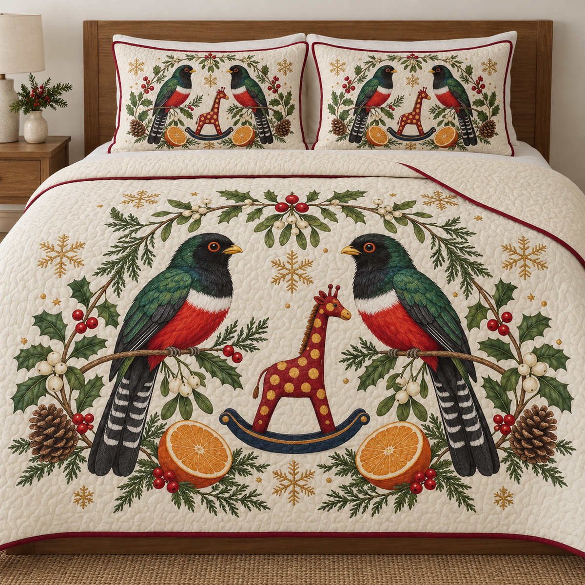 Two illustrated collared trogons frame a cranberry toy rocking giraffe with ochre spots and navy rocker, with orange halves, cedar cones, holly, mistletoe and ochre snowflakes on ivory. Flat printed Christmas artwork with cranberry binding. Includes one quilt and two matching pillow shams. Visible sewn quilting and fabric drape.