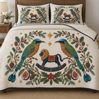 Two illustrated blue-crowned motmots frame a navy toy rocking lion with ochre mane and cranberry saddle, with fig halves, cedar cones, holly, mistletoe and ochre stars on ivory. Flat printed Christmas artwork with navy binding. Includes one quilt and two matching pillow shams. Visible sewn quilting and fabric drape.