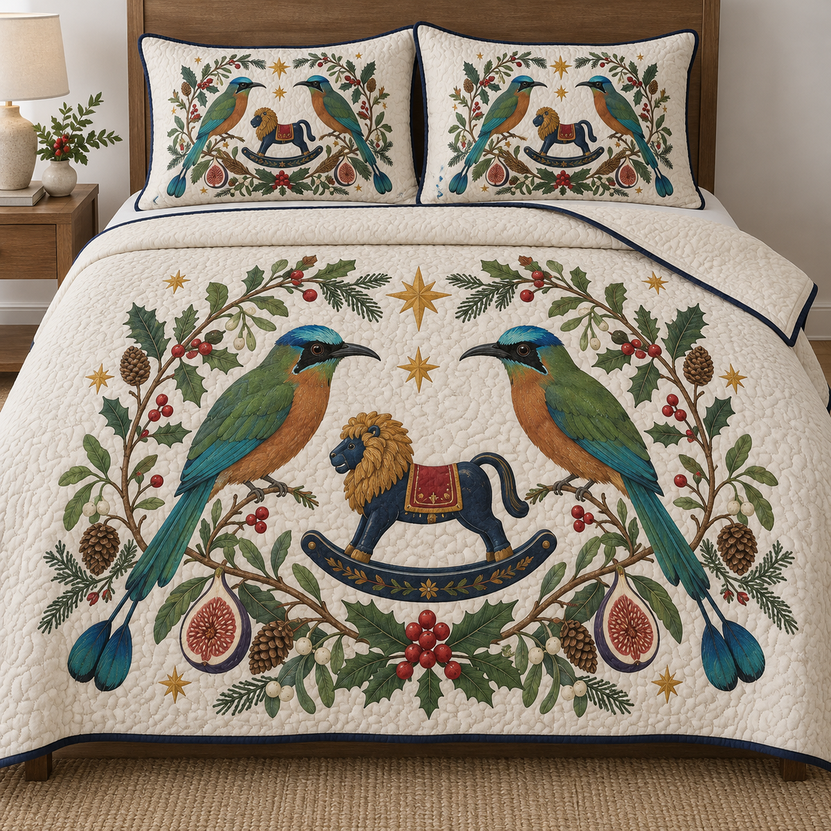 Two illustrated blue-crowned motmots frame a navy toy rocking lion with ochre mane and cranberry saddle, with fig halves, cedar cones, holly, mistletoe and ochre stars on ivory. Flat printed Christmas artwork with navy binding. Includes one quilt and two matching pillow shams. Visible sewn quilting and fabric drape.