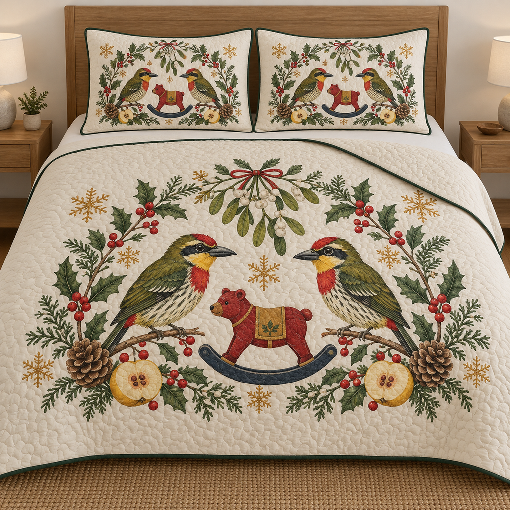 Two illustrated coppersmith barbets frame a cranberry toy rocking bear with navy rocker and ochre saddle, with quince halves, cedar cones, holly, mistletoe and ochre snowflakes on ivory. Flat printed Christmas artwork with forest green binding. Includes one quilt and two matching pillow shams. Visible sewn quilting and fabric drape.