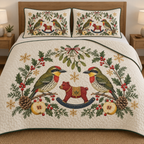 Two illustrated coppersmith barbets frame a cranberry toy rocking bear with navy rocker and ochre saddle, with quince halves, cedar cones, holly, mistletoe and ochre snowflakes on ivory. Flat printed Christmas artwork with forest green binding. Includes one quilt and two matching pillow shams. Visible sewn quilting and fabric drape.