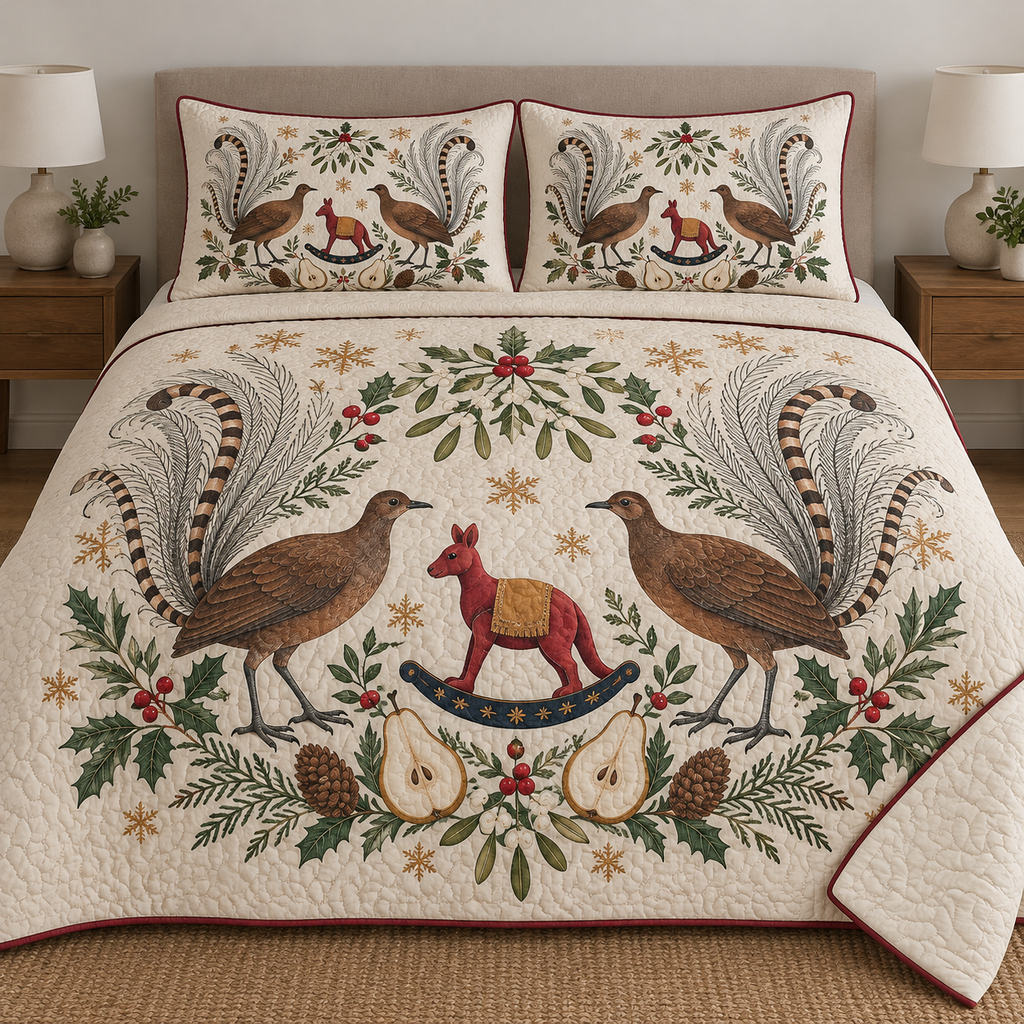 Two illustrated superb lyrebirds frame a cranberry toy rocking kangaroo with navy rocker and ochre saddle, with pear halves, cedar cones, holly, mistletoe and ochre snowflakes on ivory. Flat printed Christmas artwork with cranberry binding. Includes one quilt and two matching pillow shams. Visible sewn quilting and fabric drape.