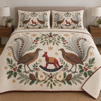 Two illustrated superb lyrebirds frame a cranberry toy rocking kangaroo with navy rocker and ochre saddle, with pear halves, cedar cones, holly, mistletoe and ochre snowflakes on ivory. Flat printed Christmas artwork with cranberry binding. Includes one quilt and two matching pillow shams. Visible sewn quilting and fabric drape.